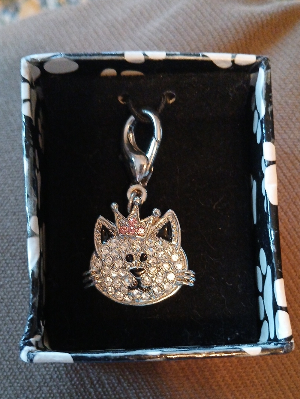 Mud Pie Silver Cat Charm with Pink Crown Accent